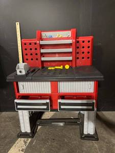 lot 112 image: Toy Workbench for Kids - RedGray Plastic with Tool Drawers
