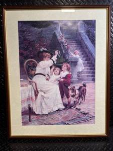 lot 119 image: Framed Vintage Print - Children with Dog by Garden Staircase