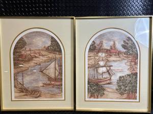 lot 121 image: Nautical Harbor Prints - Arch-Top Pair in Gold Frames