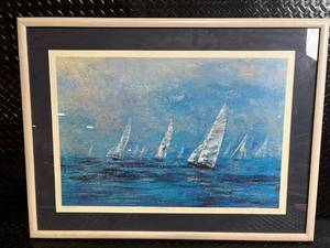lot 125 image: Sailboat Seascape Art Print - Framed Blue Ocean Scene, Signed