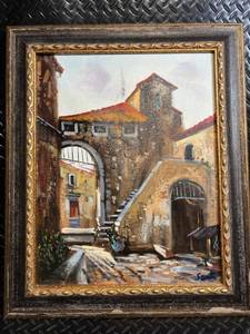 lot 129 image: Sol Signature Oil Painting - Mediterranean Village Archway & Stair Scene in Ornate Frame