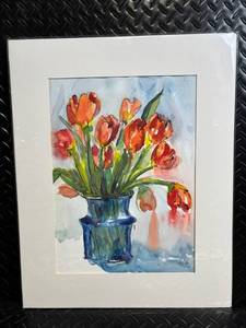 lot 131 image: Tulips in Blue Vase - Watercolor Floral Painting, Signed