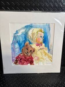 lot 134 image: KRESS Watercolor Portrait - Child with Teddy Bear in Yellow Dress (Framed)