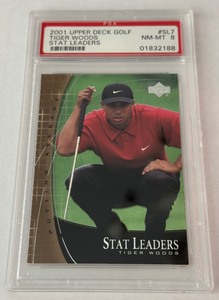 lot 14 image: Tiger Woods RC PSA 8 NM-MT 2001 Upper Deck Stat Leaders #SL7 Rookie Golf Card