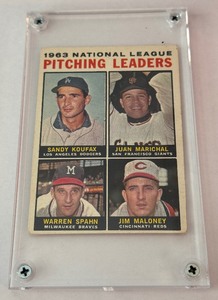 lot 27 image: 1964 Topps NL Pitching Leaders - Koufax  Spahn  Marichal #3 Vintage Baseball Card