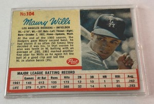 lot 40 image: Maury Wills 1962 Post #102 Vintage Baseball Card