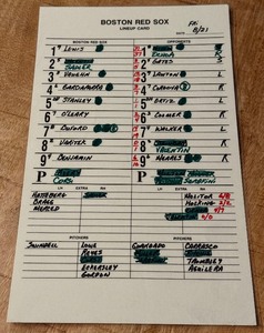 lot 89 image: Minnesota Twins vs. Boston Red Sox August 21 , 1998 Lineup Card