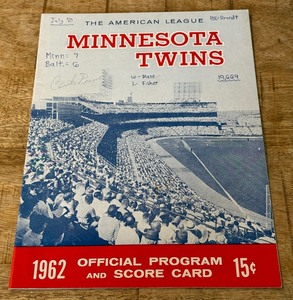 lot 8B image: 1962 Minnesota Twins Official Program Signed by Camilo Pascual - July 21st vs. Baltimore Orioles w Hamms Advertisement