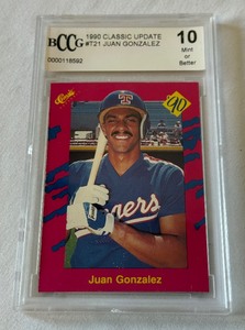 lot 153A image: Juan Gonzalez RC Graded 10 Mint 1990 Classic Update #T21 Rookie Baseball Card