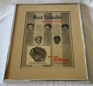lot 162A image: Vintage Wilson Baseball Glove Advertisement Framed w Banks, McCovey, Fox, Allison