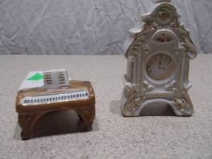 Vintage Miniature Porcelain Piano and Ornate Mantel Clock Set