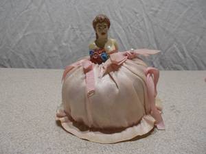 Vintage Porcelain Half-Doll Pincushion - Victorian Style Lady in Pink Satin Dress