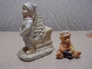 Set of 2 Vintage Themed Figurines - Boy with Christmas Sleigh & Teddy Bear with Train
