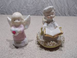 Set of 2 Vintage Porcelain Angel Figurines - January Heart Angel & Singing Choir Angel