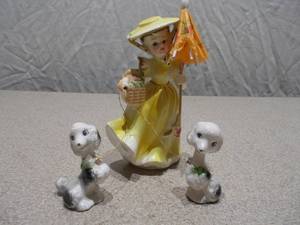 Vintage Porcelain Southern Belle Figurine with Leashed Poodles & Parasol
