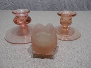 3-Piece Pink Satin & Depression Glass Set - Candlestick Holders & Votive Cup
