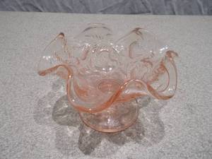 Vintage Pink Depression Glass Ruffled Pedestal Bowl - Etched Floral Pattern