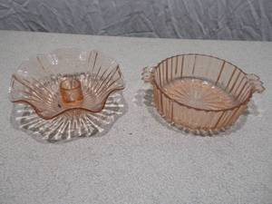 Set of 2 Pink Depression Glass Pieces - Ruffled Candle Holder & Ribbed Serving Bowl