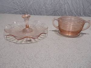 Vintage Pink Depression Glass Set - Ruffled Tidbit Tray & Ribbed Sugar Bowl