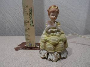 Vintage Porcelain Southern Belle Accent Lamp - Yellow Ruffled Gown with Gold Accents