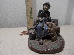 Vintage Cast Iron Painted Figurine - Man and Dog on Bench