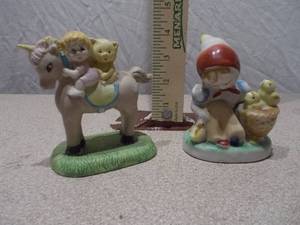 Vintage Porcelain Boy on Horse & Girl with Basket Figurine Set