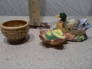 Vintage Ceramic Duck Figurine and Miniature Woven Basket Set