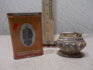 Vintage Prince Albert Tobacco Tin and Silver-Tone Table Lighter