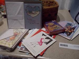 Large Lot of Assorted Greeting Cards and Gift Bags with Woven Basket