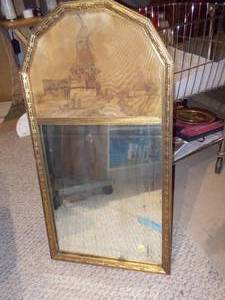 Vintage Gold Gilt Trumeau Mirror with Scenic Lithograph Topper