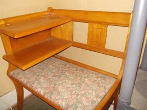 Vintage Wooden Corner Gossip Bench  Telephone Seat with Built-in Shelf