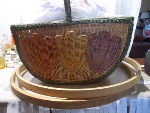 Vintage Sewing & Craft Lot Patterns, Embroidery Hoops, and Woven Basket