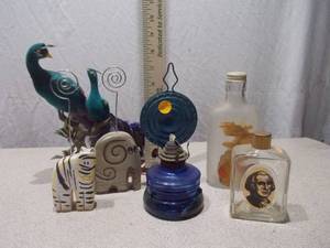 Vintage Collectible Lot Portrait Liquor Bottle, Glassware & Peacock Decor