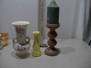 Vintage Ceramic Vase Collection & Wooden Candle Pillar Set