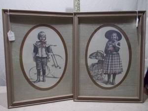 Vintage Framed Lithograph Set - Child Portraits