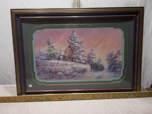 Vintage Framed Winter Landscape Lithograph