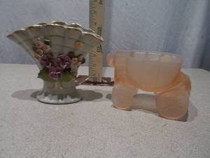 Vintage Ceramic Fan Vase and Frosted Glass Planter