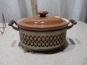 Vintage Ceramic Covered Casserole with Metal Carrier