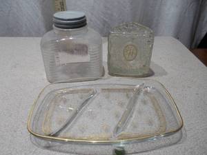 Vintage Glass Jar & Pressed Glass Serving Dish - 3 Pieces