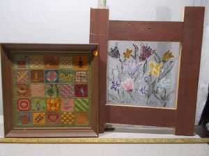 Lot of 2 Vintage Textile Art Pieces - Needlepoint Sampler & Floral Screen Art