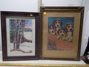 Lot of 2 Vintage Framed Prints - Beagle Puppies & Winter Birch Landscape