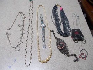 Vintage Jewelry Lot - Cameo Bracelet, Faux Pearls, & Silver-Tone Watch