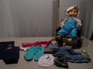 Childs Wooden Rocking Chair with Doll and Clothing Set