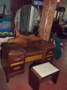 Antique Art Deco Vanity with Round Mirror and Matching Stool