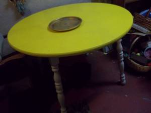 Vintage Yellow Oval Accent Table with Inset Lazy Susan Tray