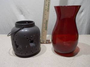 Ruby Red Glass Vase and Star-Patterned Metal Lantern Set