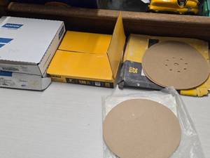 Lot of (59) Drywall Sanding Discs - Norton P180-grit Hook & Loop (x11), Norton P220-grit Hook & Loop (x18), DeWalt P120 Hook & Loop (x6), DeWalt 9 120-grit Mesh (x24)