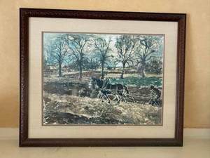 lot 1 image: MOLDER Landscape Painting - Framed, Signed, Landscape Farmer Plowing Field with 2 Horses