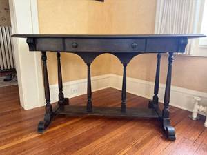 lot 3 image: Antique Wood Dining Table with 2 Drawers - 50 in W x 30 in D x 29 in H