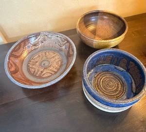 lot 5 image: Three Stoneware Bowls - Hand-Thrown Ceramic Set, Marked